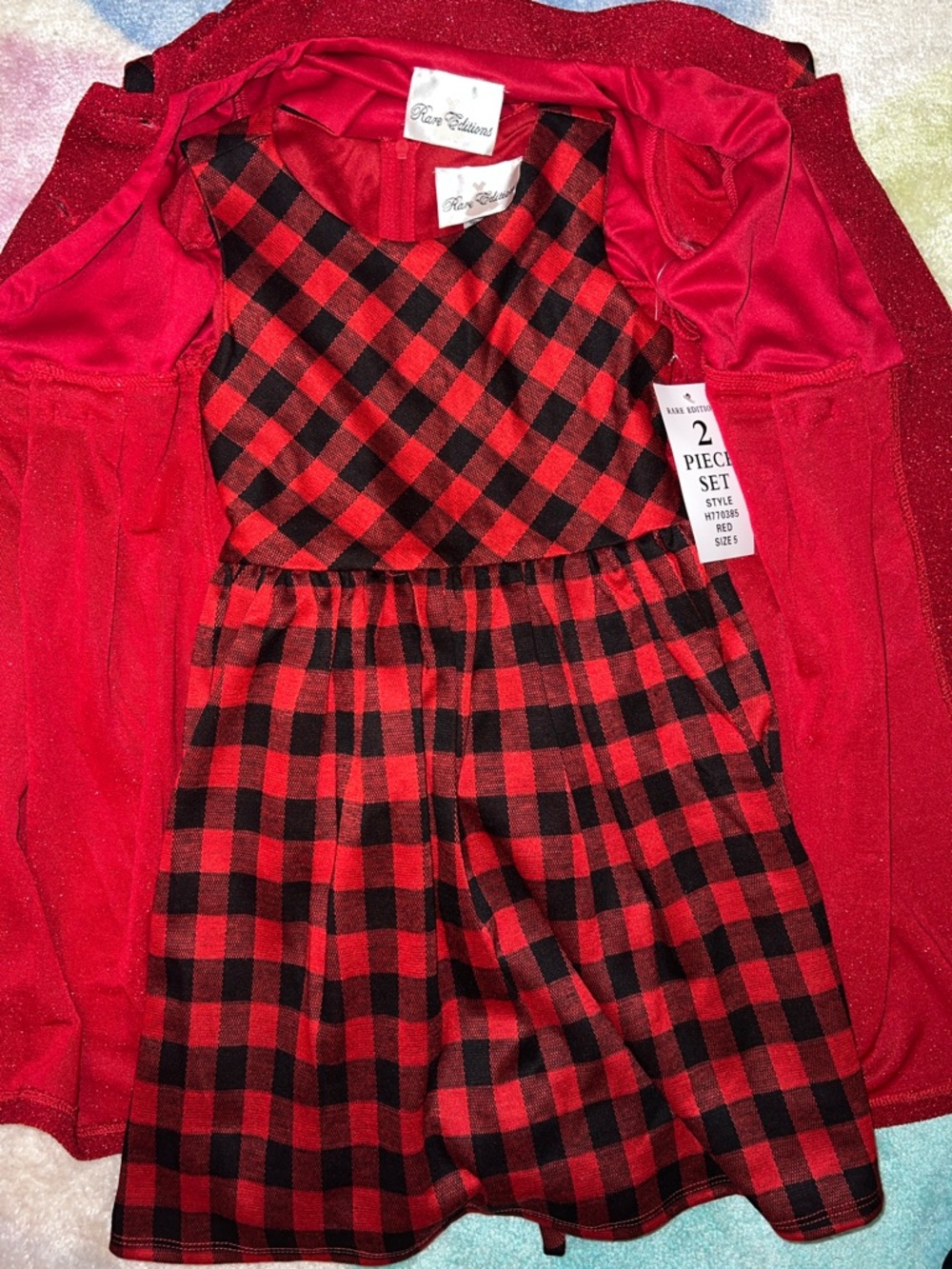NEW Rare Editions Sparkle Red Coat with Black-Red Plaid Accents and Plaid Dress - Picture 3 of 10